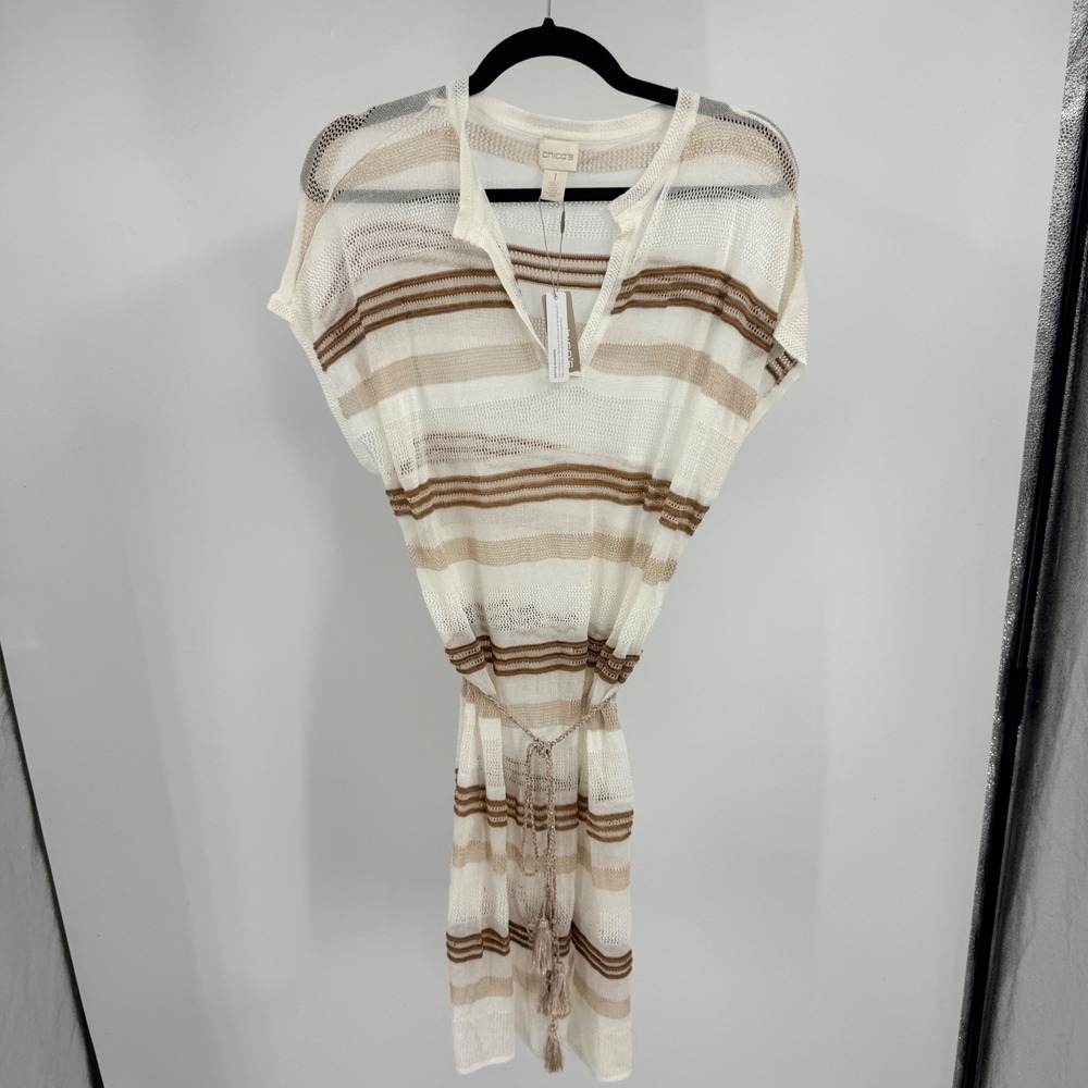 Chicos Striped Super‎ Tunic Sweater Neutral Tan Cream Pointelle Tassel Belt 1 M
